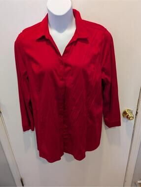 3XL Chico’s Red Button-Up Blouse – V-Neck w/ Pockets Flowy Plus Size Work Top